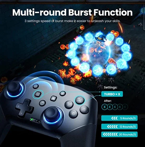 A close-up of a controller demonstrating multi-round burst function settings for enhanced gameplay.