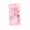 A pink plastic pouch containing a 6-in-1 cartoon school stationery kit with various colored pencils and tools.