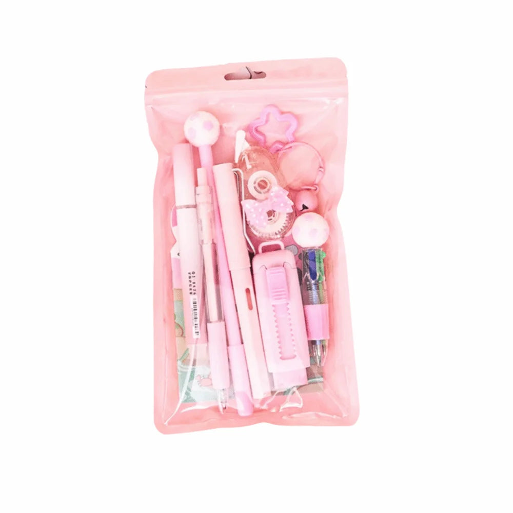 A pink plastic pouch containing a 6-in-1 cartoon school stationery kit with various colored pencils and tools.