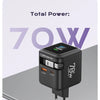 A black 70W GaN fast charger is shown next to a retractable USB-C cable, demonstrating its power and lifespan.