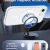 A clear magnetic phone case is shown resting on a dark surface, demonstrating strong magnetic attraction for accessories.