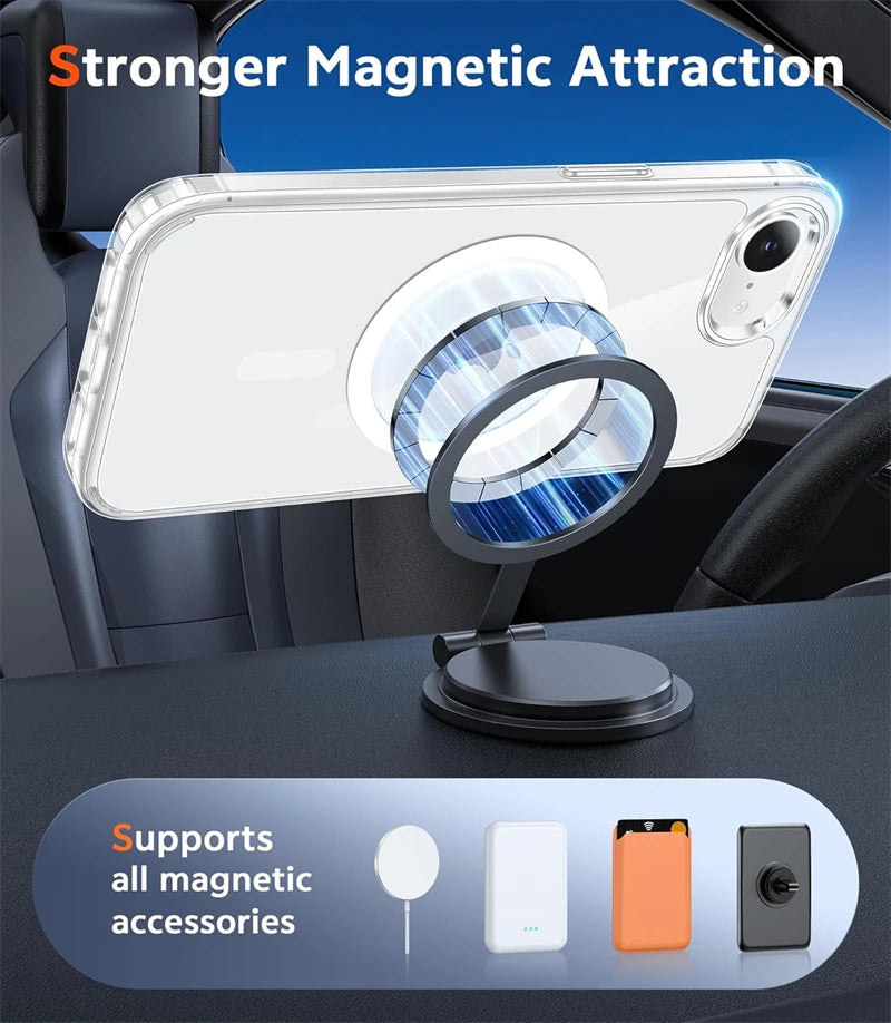 A clear magnetic phone case is shown resting on a dark surface, demonstrating strong magnetic attraction for accessories.