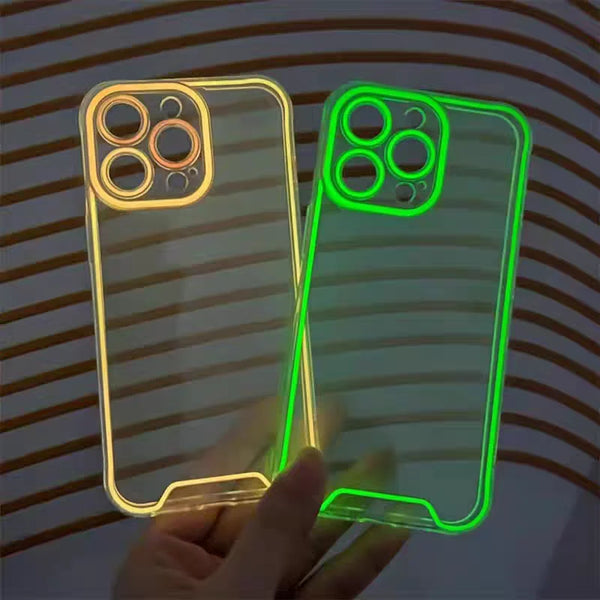 A hand holds a luminous neon green clear phone case for iPhone protection against a striped background.