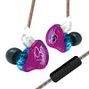 A pair of purple and blue wired headphones with clear plastic connectors hanging from a wooden stick.