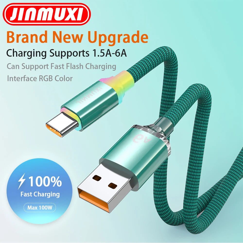 A green braided USB-C charging cable with an RGB connector is shown, highlighting 1.5A-6A fast charging support.