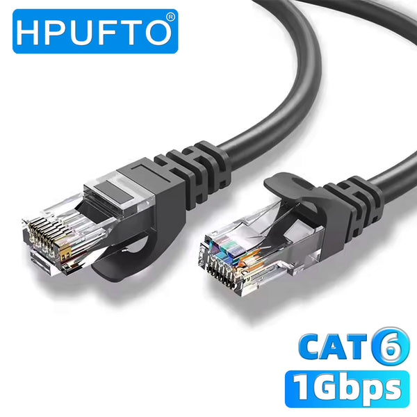Cable Ethernet CAT 6 negro HPUFTO con conectores RJ45 y carcasa de plástico.