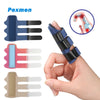 Various colored adjustable finger splints shown on a hand, demonstrating support and pain relief devices.