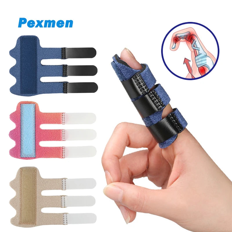 Various colored adjustable finger splints shown on a hand, demonstrating support and pain relief devices.