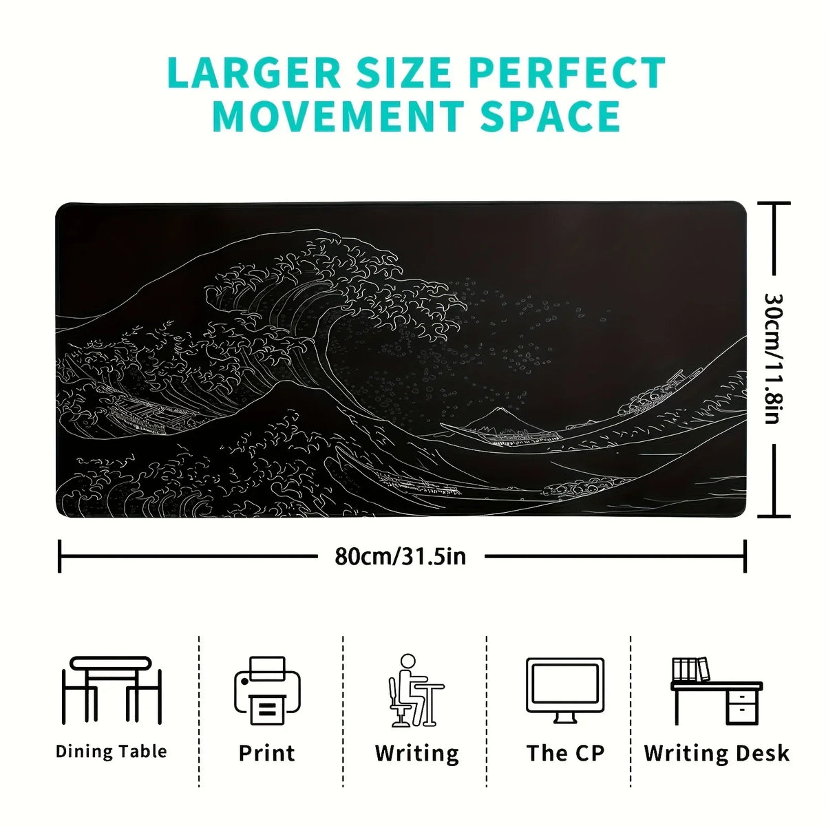 Black mouse pad featuring a large wave design and various desk items for gaming and writing