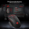 A black Redragon wireless gaming mouse is shown with a display showing customizable button settings.