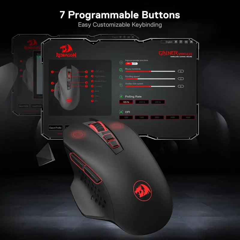 A black Redragon wireless gaming mouse is shown with a display showing customizable button settings.