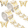 Rolls of golden butterfly decorative stickers on white paper.