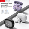 A Lenovo Erazer wireless earphone and charging case in purple and white, demonstrating 90 hours of battery life.