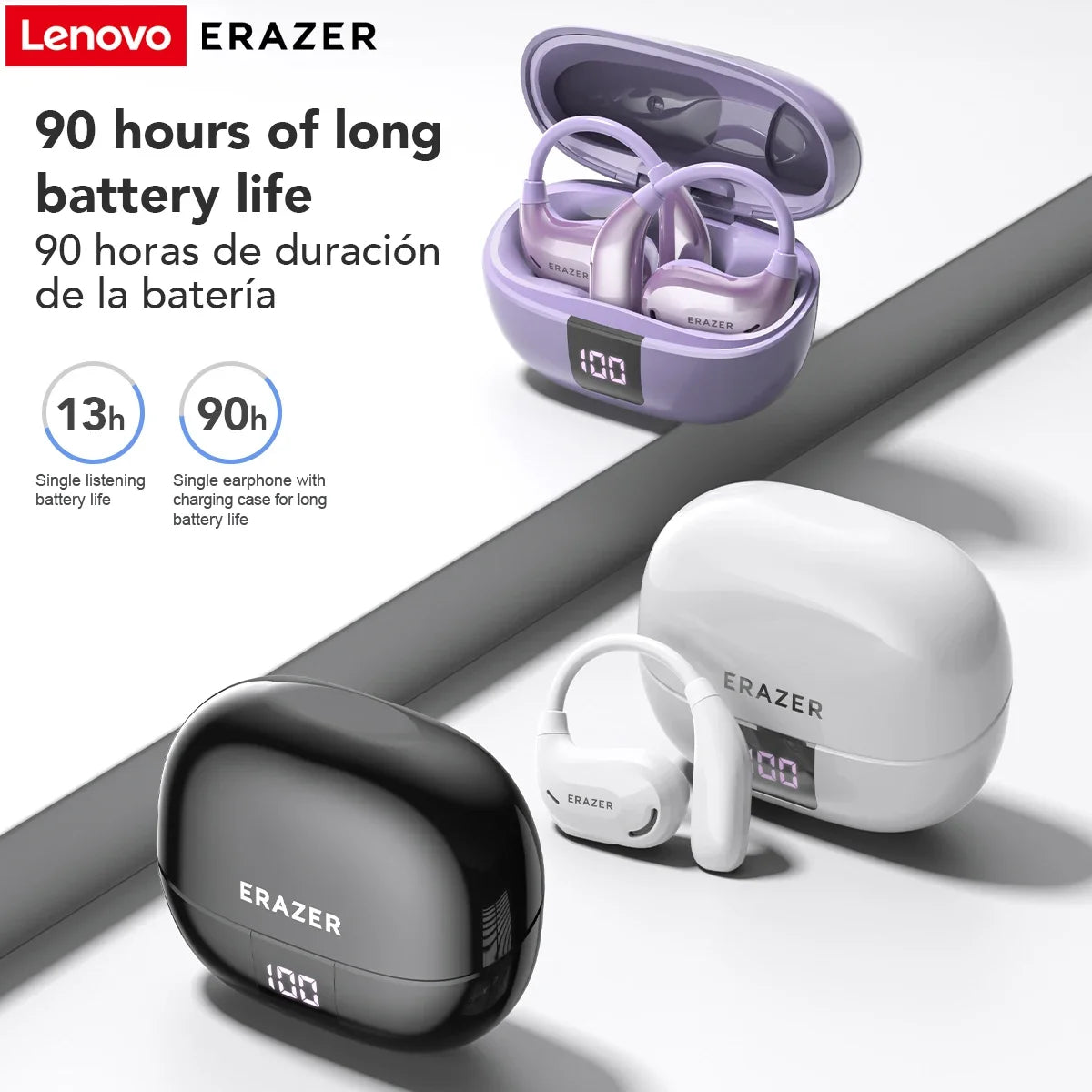 A Lenovo Erazer wireless earphone and charging case in purple and white, demonstrating 90 hours of battery life.