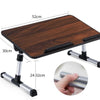 A portable adjustable laptop desk stand with a dark wood surface and metal legs is shown, including a close-up of the adjustm