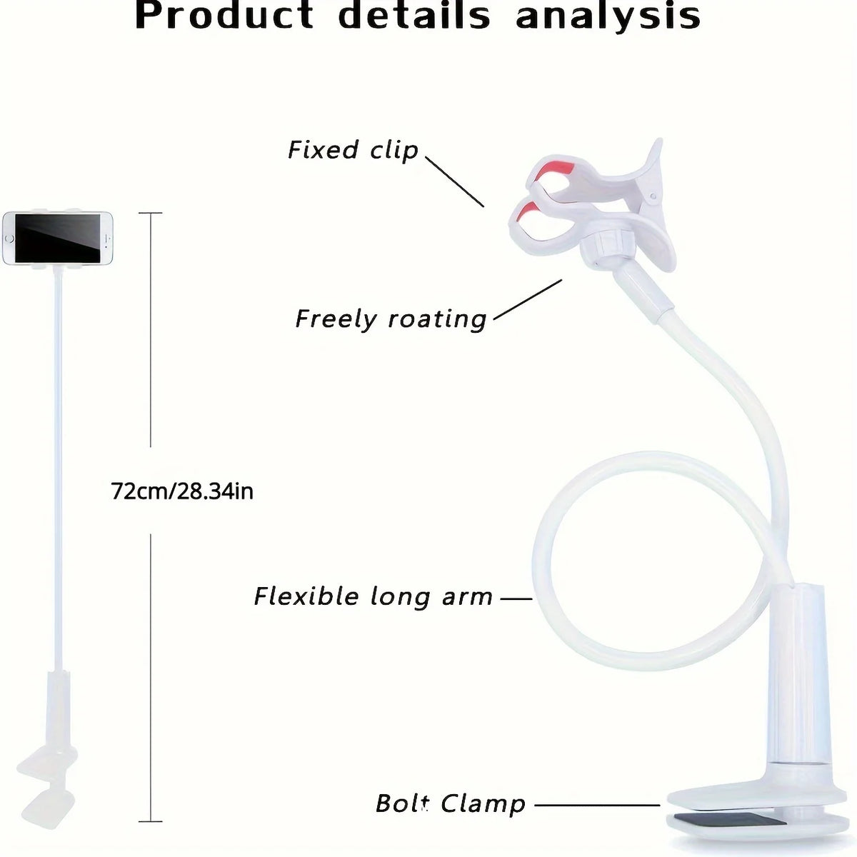Diagram showing the components and features of a flexible gooseneck phone clamp mount including a fixed clip, freely rotating