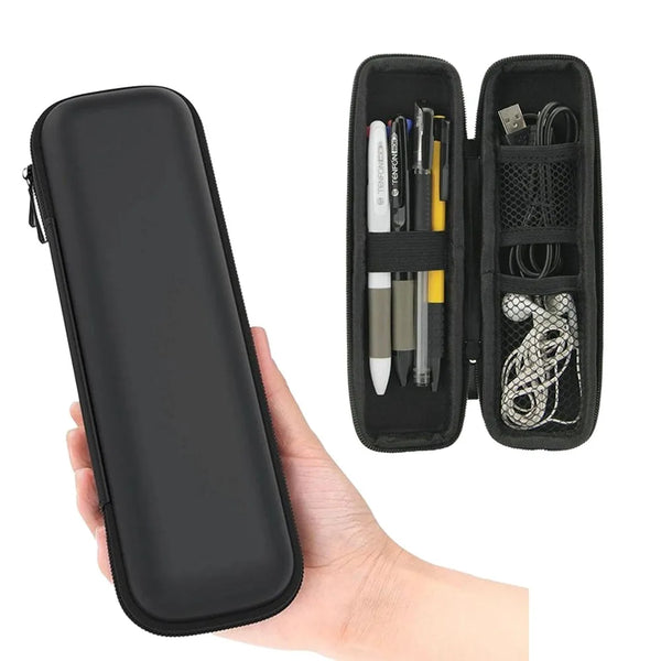 A hand holds a black compact EVA hard shell pencil case with mesh pockets containing pens and cables.