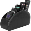 A black PU leather caddy organizer holding a smartphone and various TV remotes.