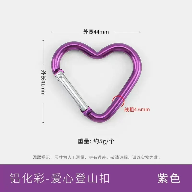 A purple heart-shaped spring clasp and carabiner keychain, measuring 44mm externally.