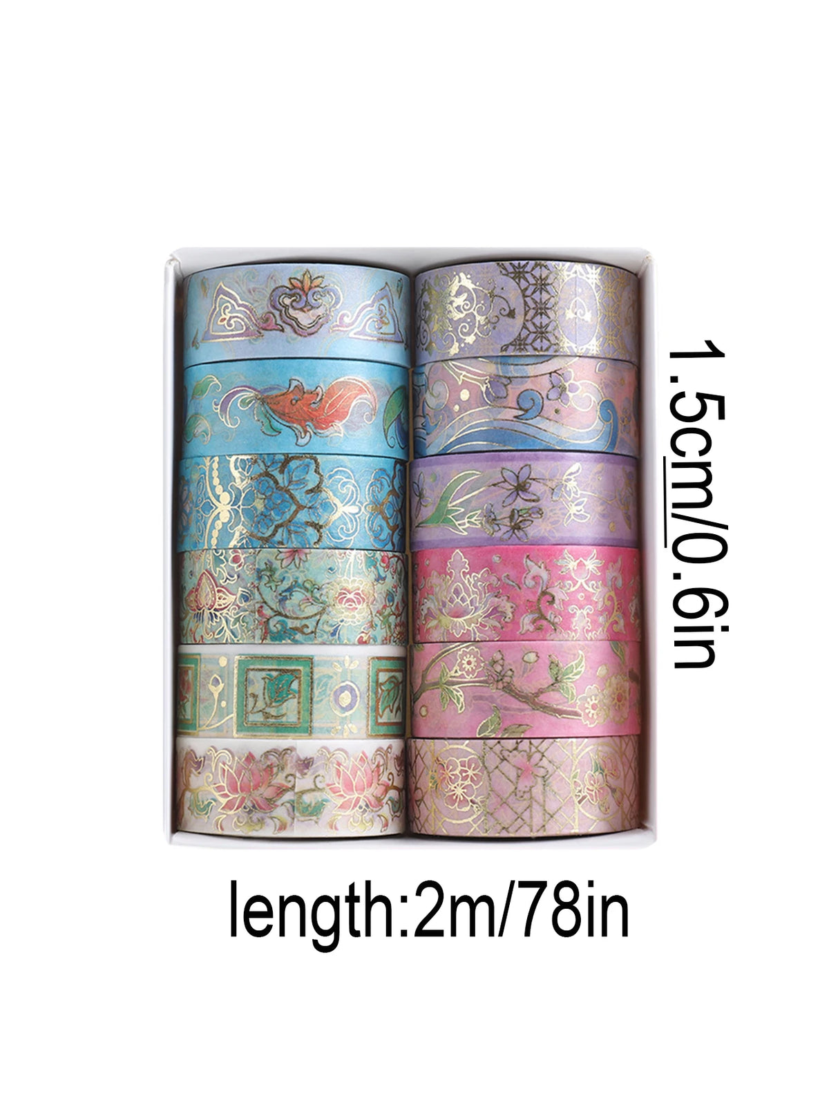 A set of ten rolls of metallic gold washi tape in various patterns and colors for journaling and crafts.