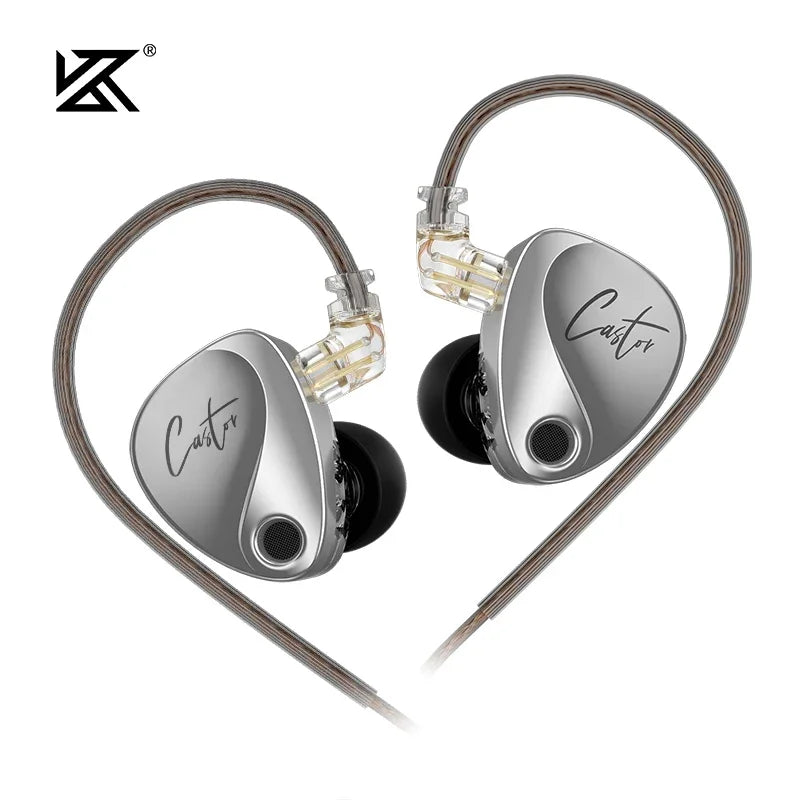 Silver KZ Castor 2DD dual dynamic driver earphones with detachable cable shown against a white background