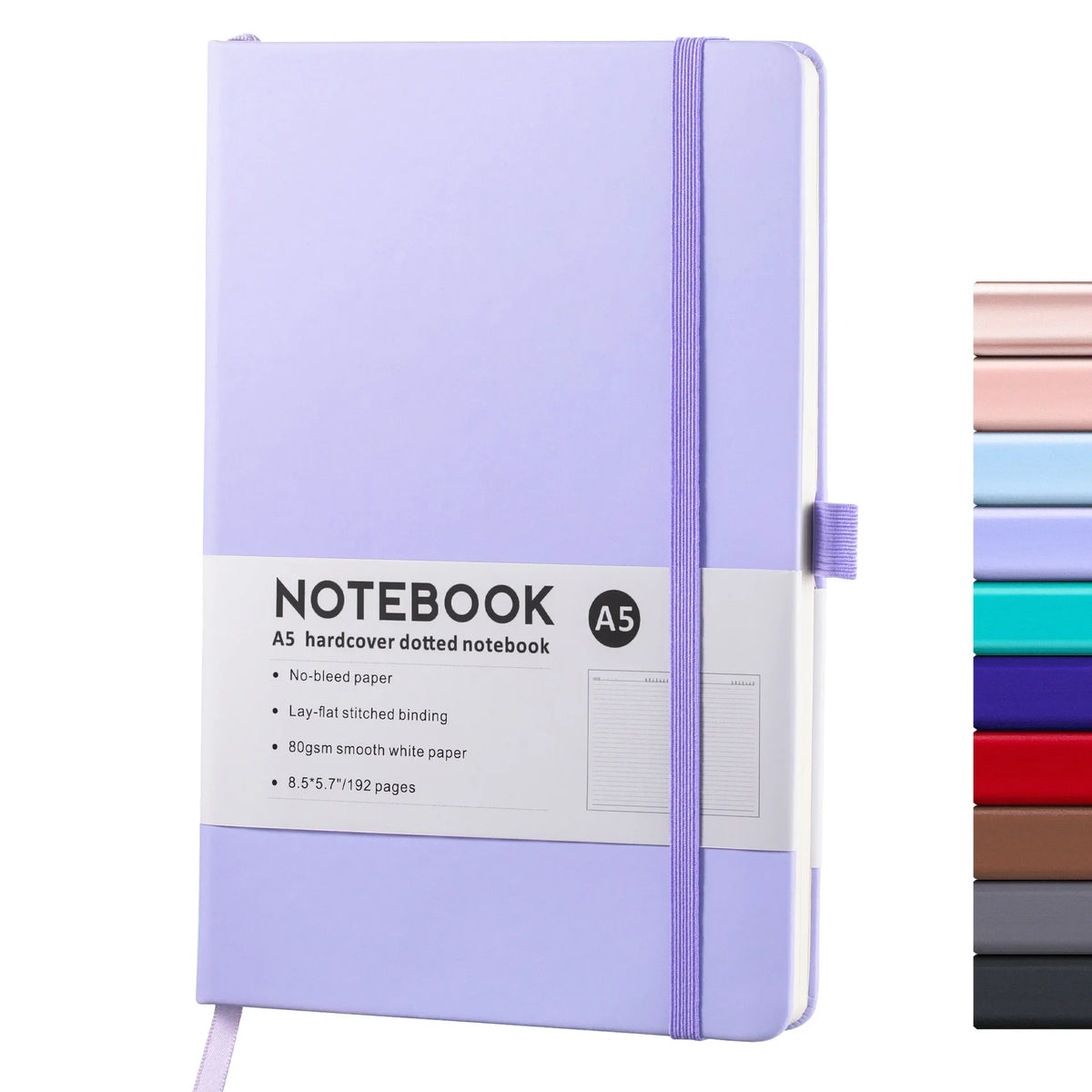 A purple hardcover dotted notebook with a lavender spine and white pages.
