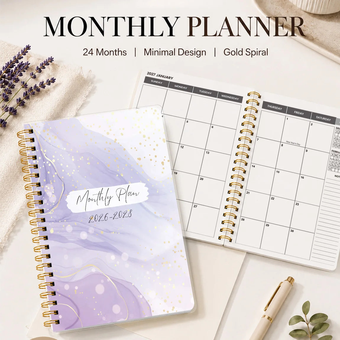 A purple marble monthly planner for 2026–2028 with a gold spiral binding shown on a white background.