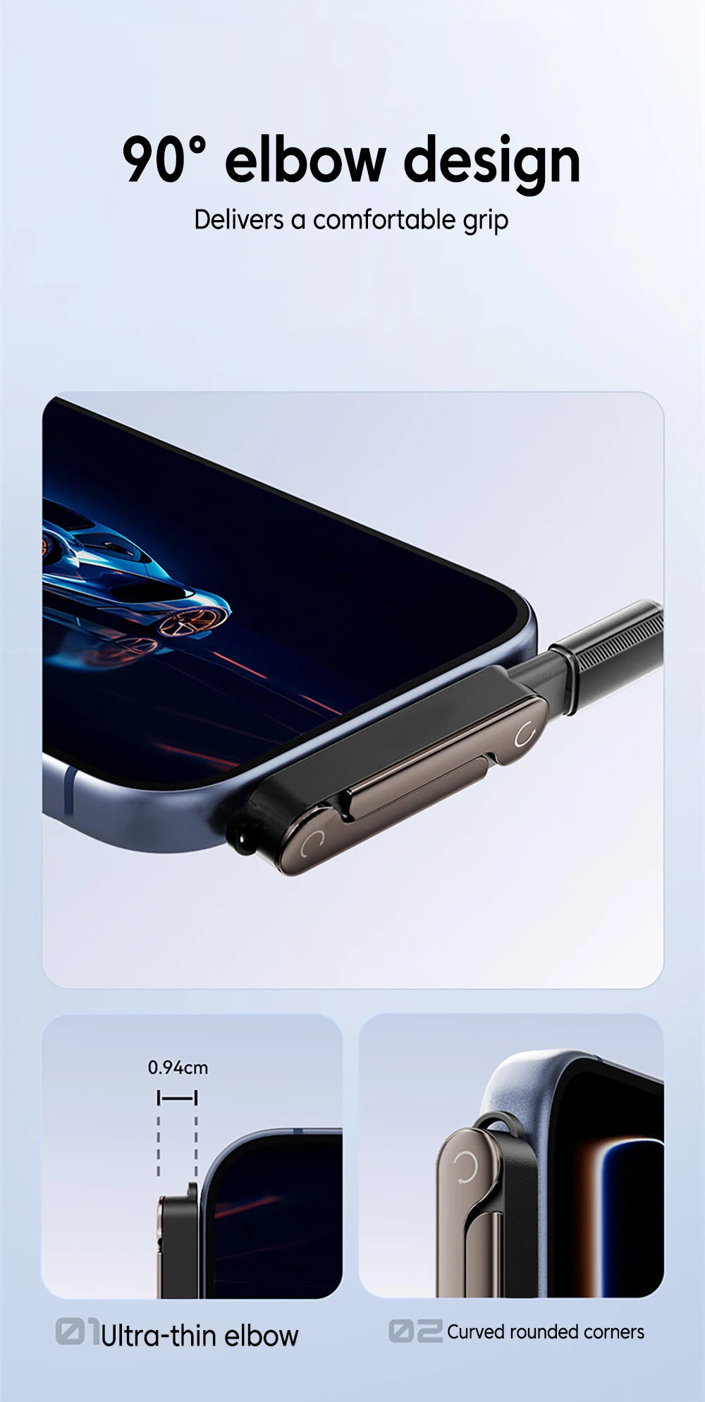 Close-up view of a black USB-C adapter with a foldable stand and curved rounded corners