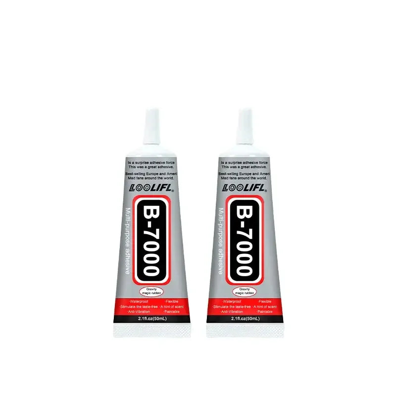 A bottle of B-7000 multi-purpose adhesive jewelry glue with a white cap and label.