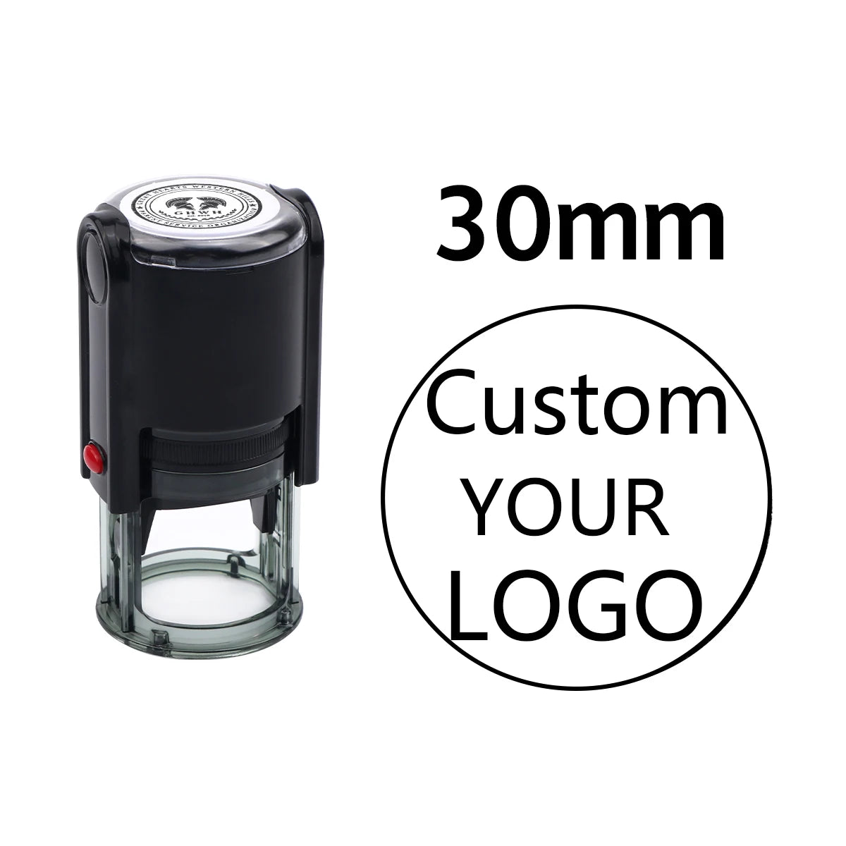 A black self-inking stamp with a clear plate, showing a measurement of 30mm.