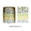 A set of five rolls of floral patterned washi tape in various shades of green, yellow, and gray.