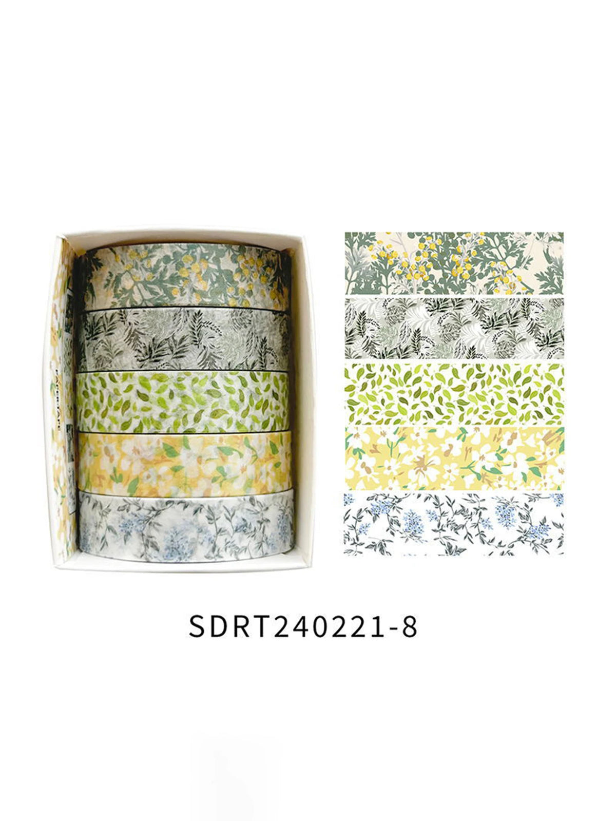 A set of five rolls of floral patterned washi tape in various shades of green, yellow, and gray.
