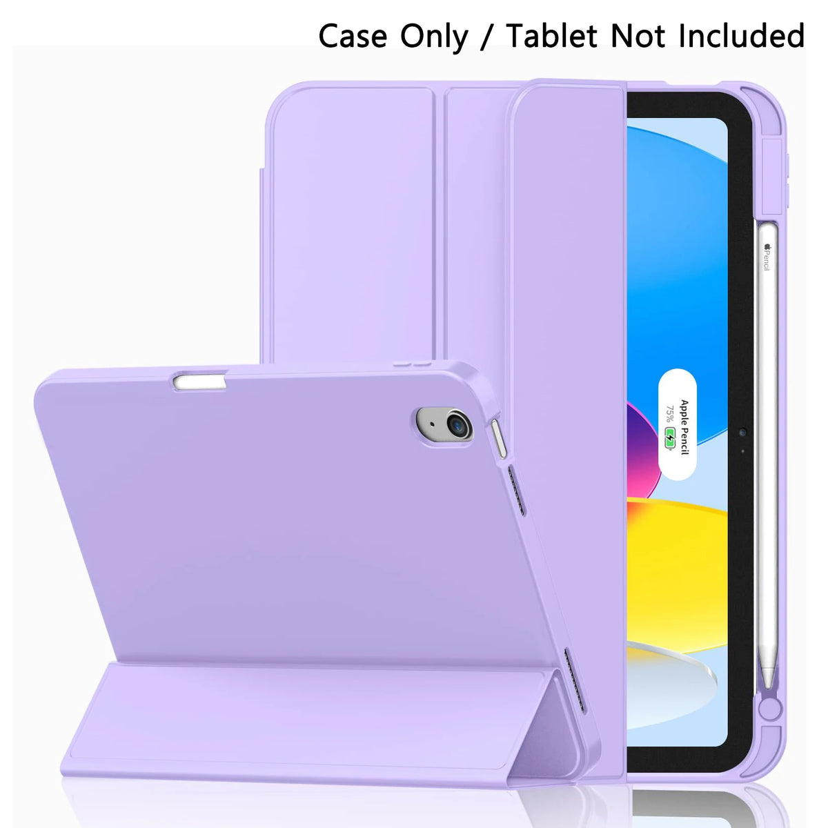 A purple protective case for an iPad is shown next to the tablet, with the screen displaying an Apple Pencil.