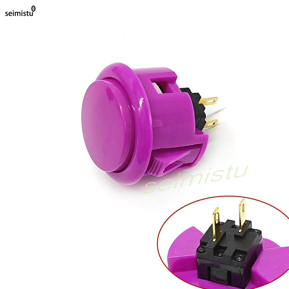 A purple arcade push button with a micro switch and gold contacts.