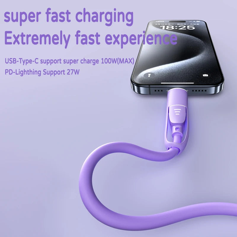 A purple USB-Type-C fast charging cable is shown connecting to a smartphone for quick charging.
