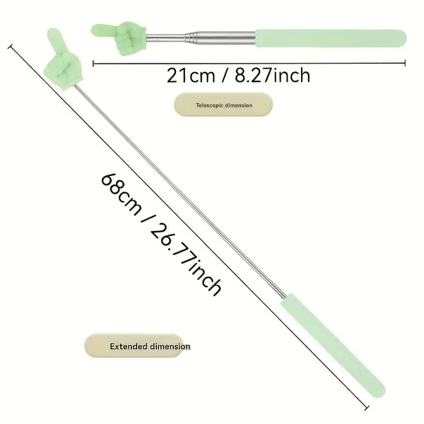 Langer, schlanker grüner und silberner ausziehbarer Zeiger mit 21 cm Spitze und 68 cm Ausdehnung.
