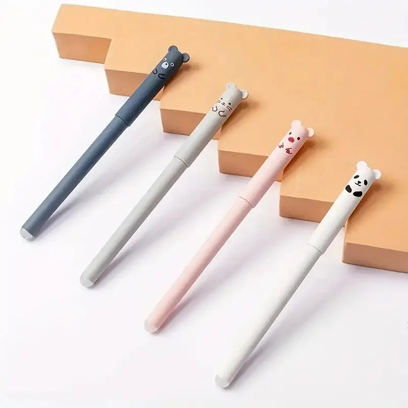 A set of five panda-themed erasable gel pens with various colors and finishes displayed on a light orange background.