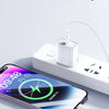 A close-up of an iPhone charging via a white USB-C cable and adapter, with text indicating a 40-minute charge time.