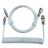 A white coiled USB-C cable with connectors for mechanical keyboards.