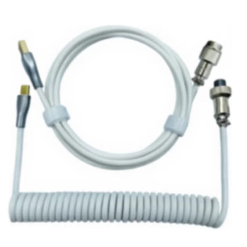A white coiled USB-C cable with connectors for mechanical keyboards.