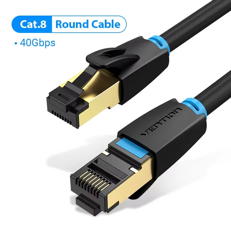 Schwarzes Cat8 Rundkabel Ethernet-Patchkabel mit goldfarbenem Stecker