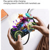 A hand holds a smartphone with a purple and green controller, demonstrating fast charging and use while playing games.