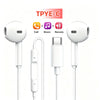 White wired Type-C earphones with a detachable remote and charging cable.