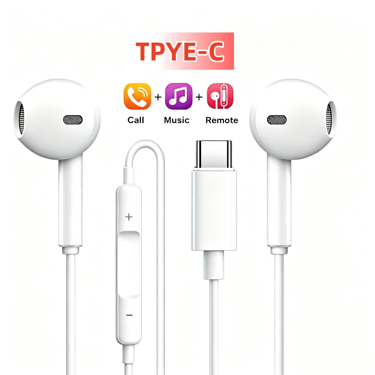 White wired Type-C earphones with a detachable remote and charging cable.