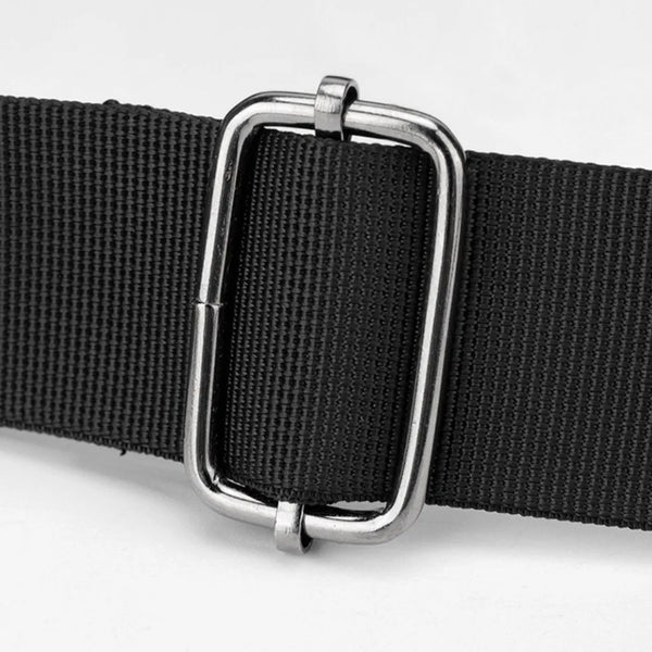 Black leather strap with a silver buckle for an Oxford cloth crossbody briefcase.