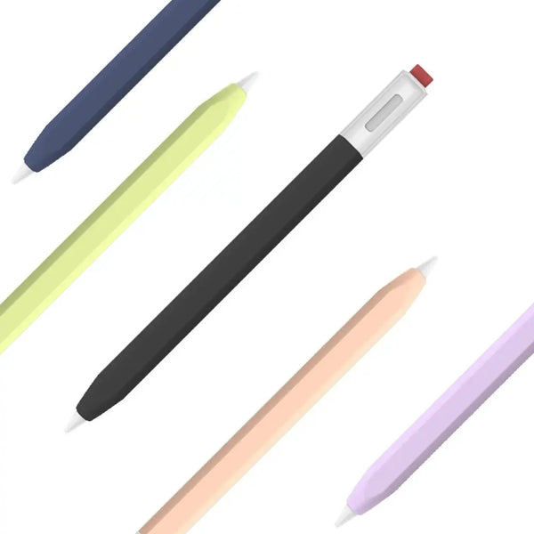 A collection of various colored silicone stylus pen protective covers shown diagonally.