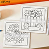 A set of coloring pages featuring cute characters and vehicles for an adult coloring book