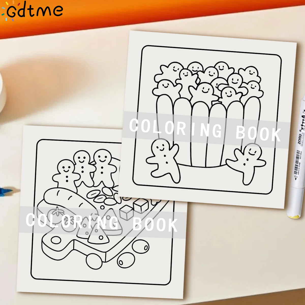 A set of coloring pages featuring cute characters and vehicles for an adult coloring book