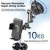 A black suction cup phone mount with an articulating arm demonstrating strong vacuum suction for a 10kg load.