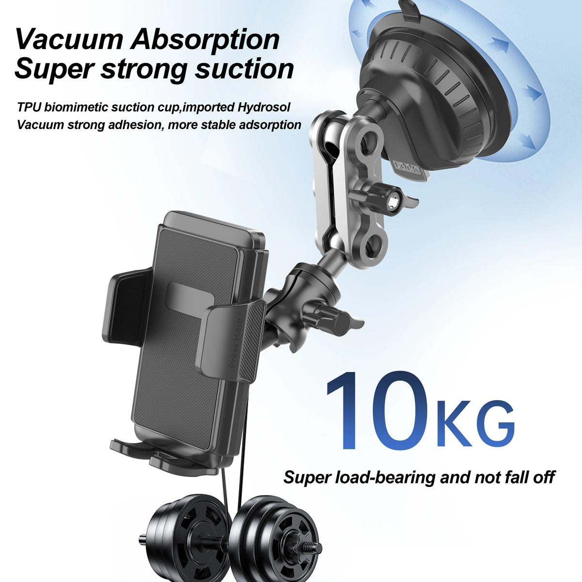 A black suction cup phone mount with an articulating arm demonstrating strong vacuum suction for a 10kg load.